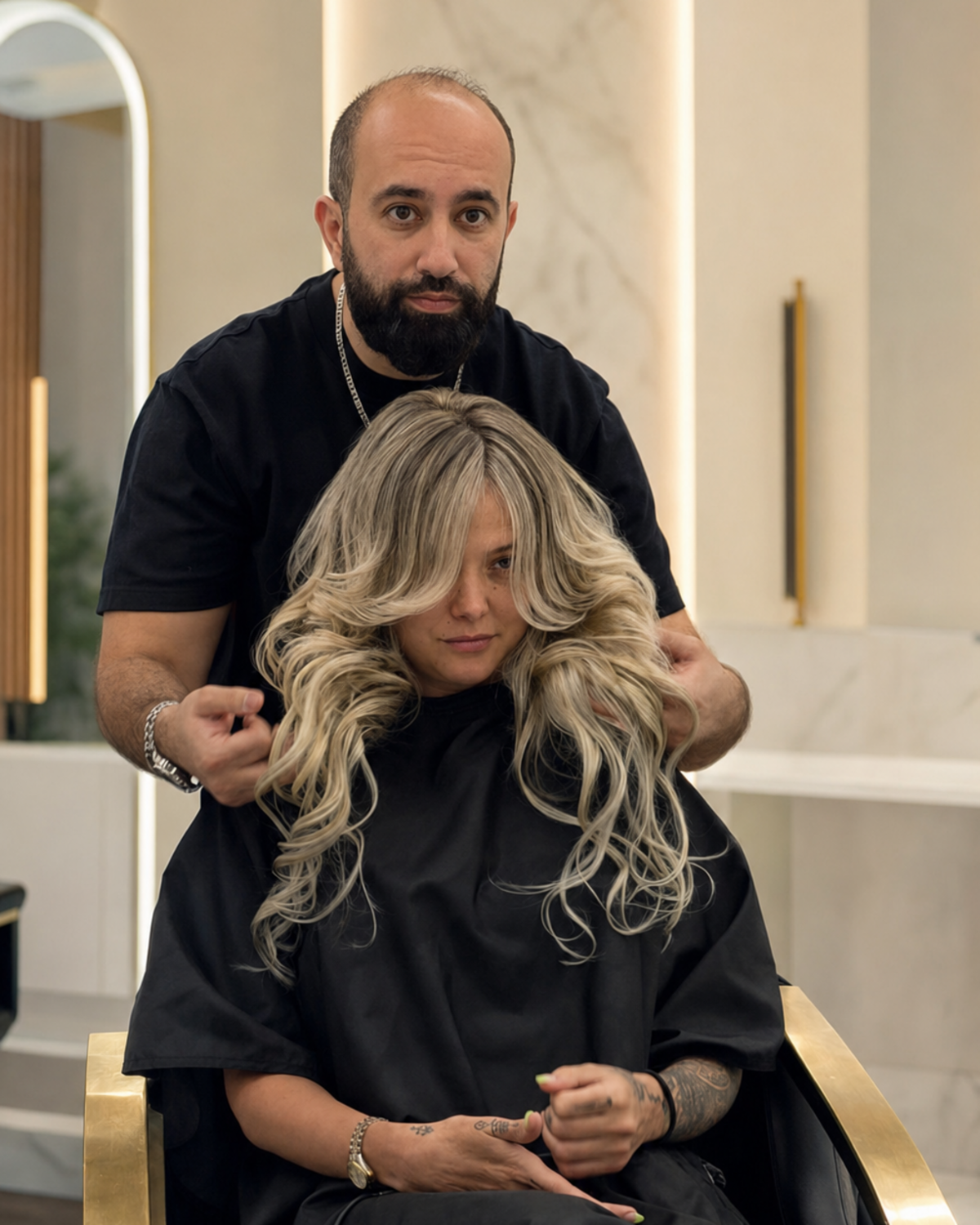 Fabio, founder, master colorist and master stylist, presenting a dimensional blonde result